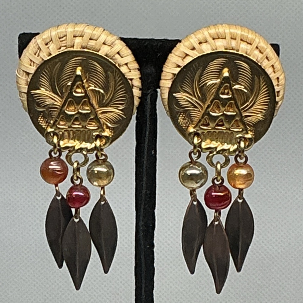 Vintage Etched Brass Dangle Ethnic Clip On Earrings